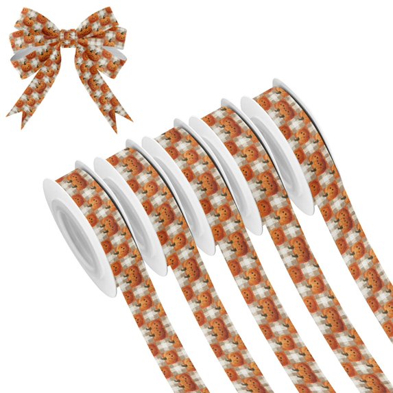 5 Rolls Christmas Ribbon 1.5 inch Wide Decorative Ribbon for Gift Wrapping and Holiday Decorations Halloween-themed Pumpkins