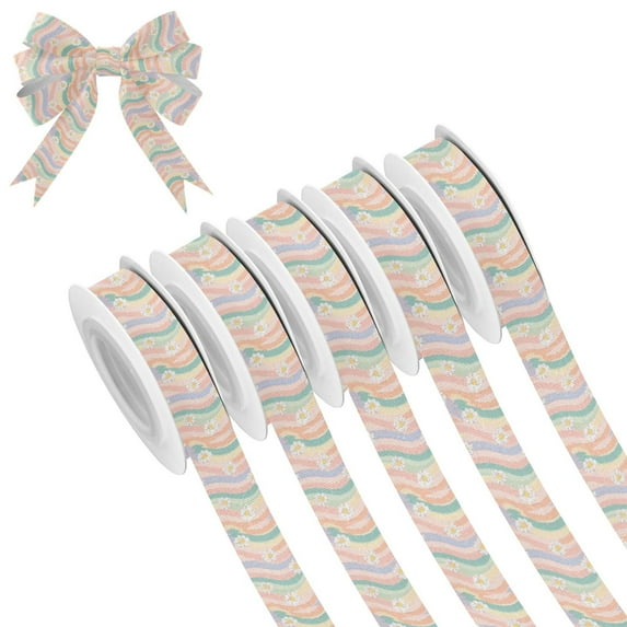 5 Rolls Christmas Ribbon 1.5 inch Wide Decorative Ribbon for Gift Wrapping and Holiday Decorations Pastel Rainbow Colors Pattern