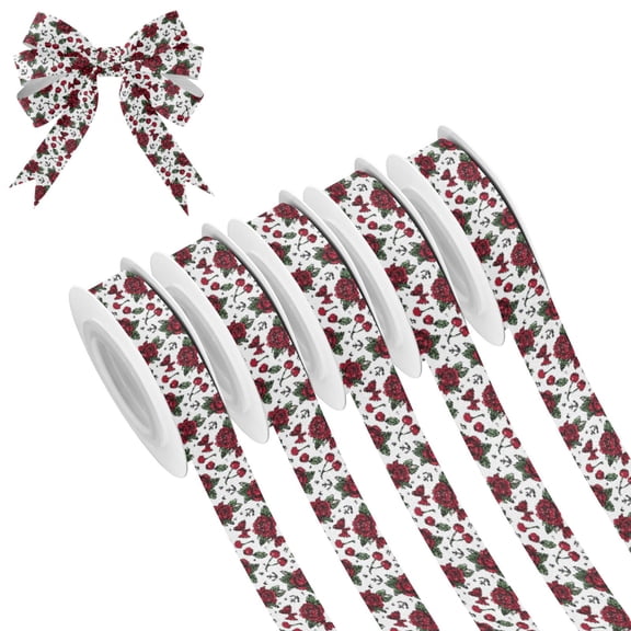 5 Rolls Christmas Ribbon 1.5 inch Wide Decorative Ribbon for Gift Wrapping and Holiday Decorations Red Roses and Cherries