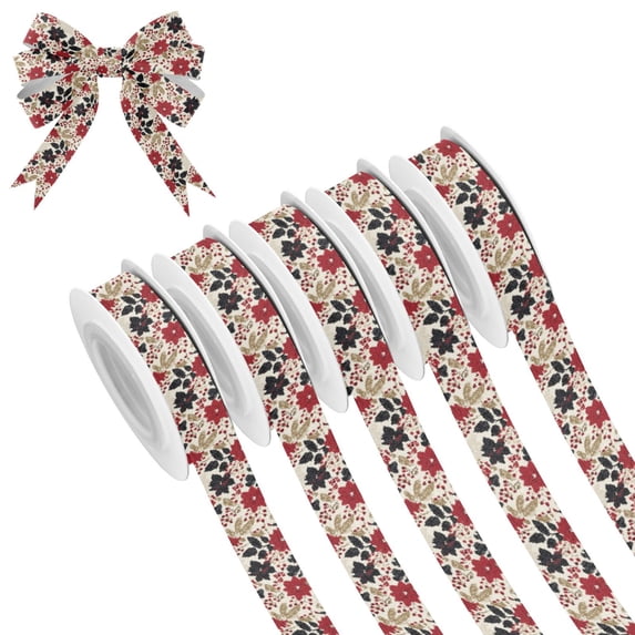 5 Rolls Christmas Ribbon 1.5 inch Wide Decorative Ribbon for Gift Wrapping and Holiday Decorations Red and Blacks Holly Leaves