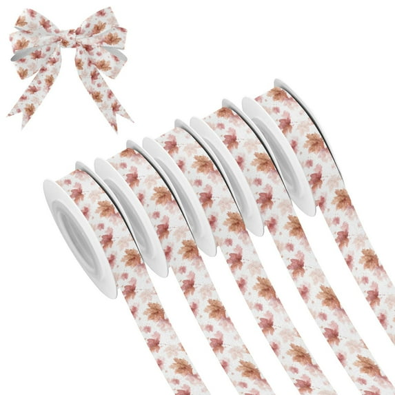 5 Rolls Christmas Ribbon 1.5 inch Wide Decorative Ribbon for Gift Wrapping and Holiday Decorations Watercolor Pink Maple Leaves