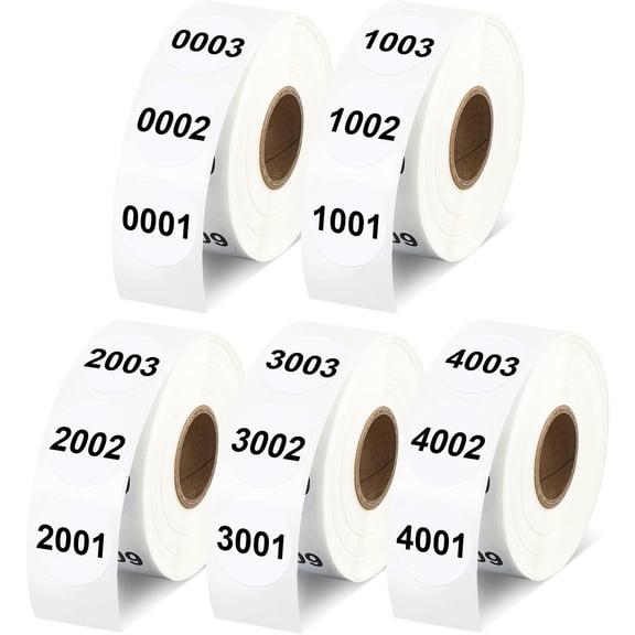 5 Rolls Consecutive Number 0001 to 5000 Label Bundle - 5000 PCS 1" White Round Sequential Number Label Stickers for Inventory Counting, Warehouse or Factory, 1000 Count/Roll
