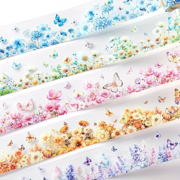 5 Rolls Floral PET Tape Set Laser Flower Tape Stickers Clear Decorative Masking PET Transparent for Crafts Journaling Scrapbook Supplies, 1.97 x 78.74 inch/ roll