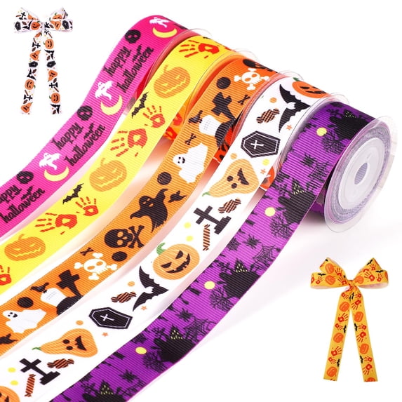5 Rolls HalloweenITSC Grosgrain Wired Ribbon, Length 5 Yard 7/8 Inch Halloween Themed Colorful Ribbon Set for Crafts Gift Wrapping Home Pumpkin Ghost Party Decorations Supplies (Horror Theme)