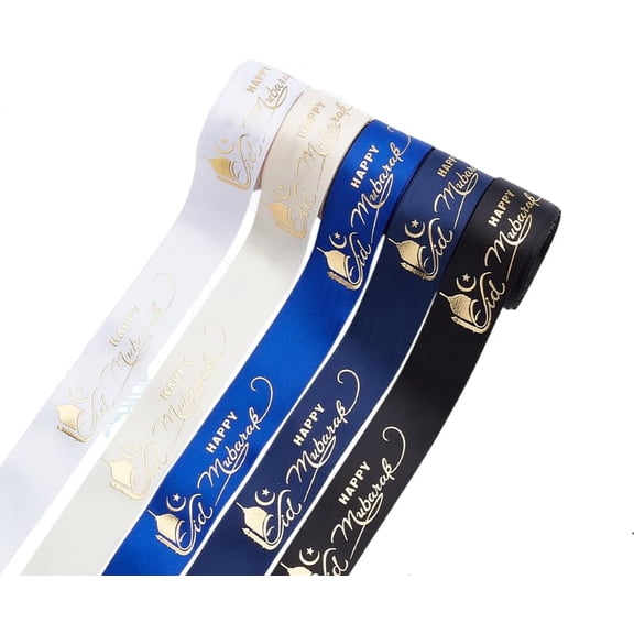 5 Rolls Happy Eid Mubarak Ribbons 1inch 25mm Ramadan Decoration Blue White Black Grosgrain Ribbon Gift Wrap Ribbons Glitter Ribbon