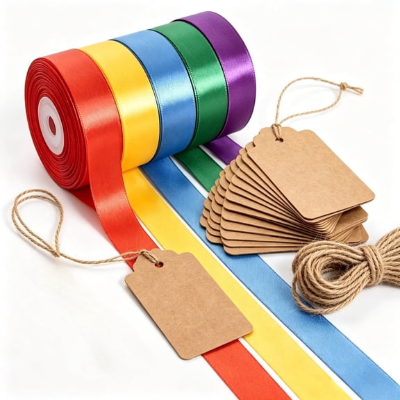 5 Rolls Mixed Tone Satin Ribbon 1 Inch Wide 120 Yards Long, Complete Kit With Paper Cards & Hemp Strings For Party Ornament And Bow Crafting