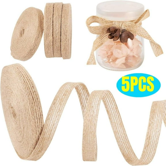 5 Rolls Natural Burlap Fabric Ribbon 1/4 inches Tan Jute Linen Ribbon Rolls for Party Decoration, DIY Crafts Gift Wrapping Christmas Making