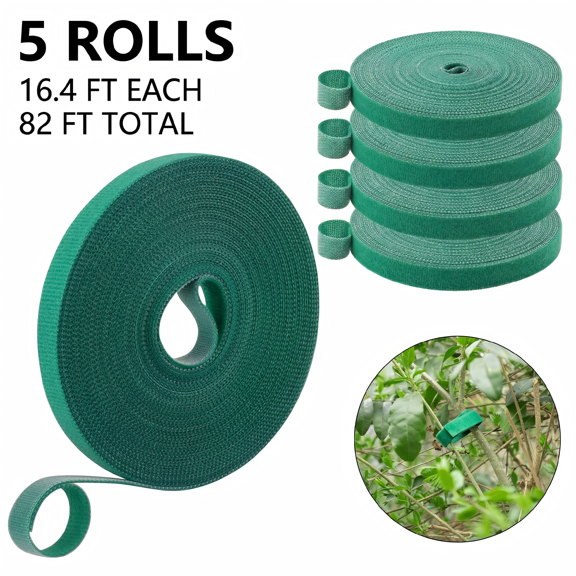 5 Rolls Plant Tie Tape, 16.4 ft Each (82 ft Total), Reusable Garden Hook and Loop Plant Support for Vines, Vegetables and Trees