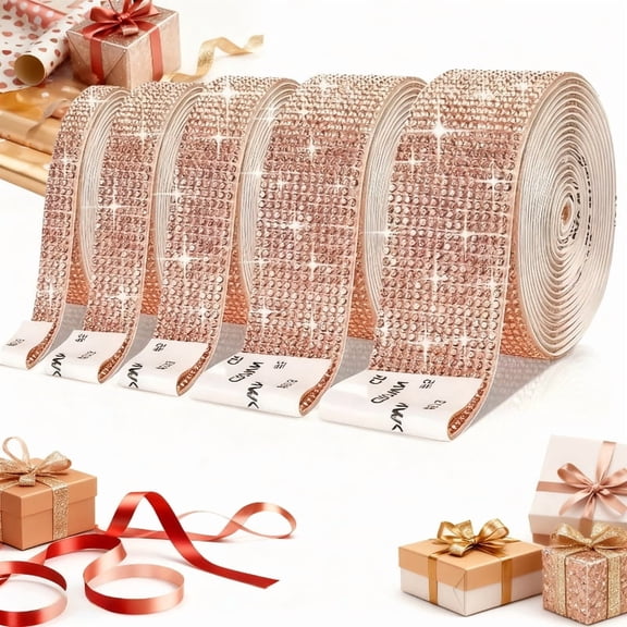 5 Rolls Self-Adhesive Rhinestone Strips, Champagne Rhinestone Ribbon, Mixed Width Bling Crystal Fringe Trim for DIY Clothes, Handicrafts and Gift Wrapping Decoration, 5 Yards Total