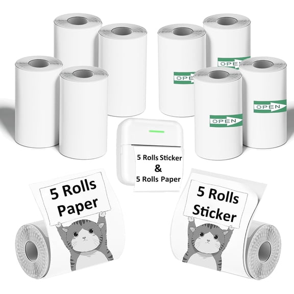 5 Rolls Thermal Printer Paper & 5 Rolls Self-adhesive Stickers, Mini Printer Paper Refill For Mini Sticker Receipt Printer
