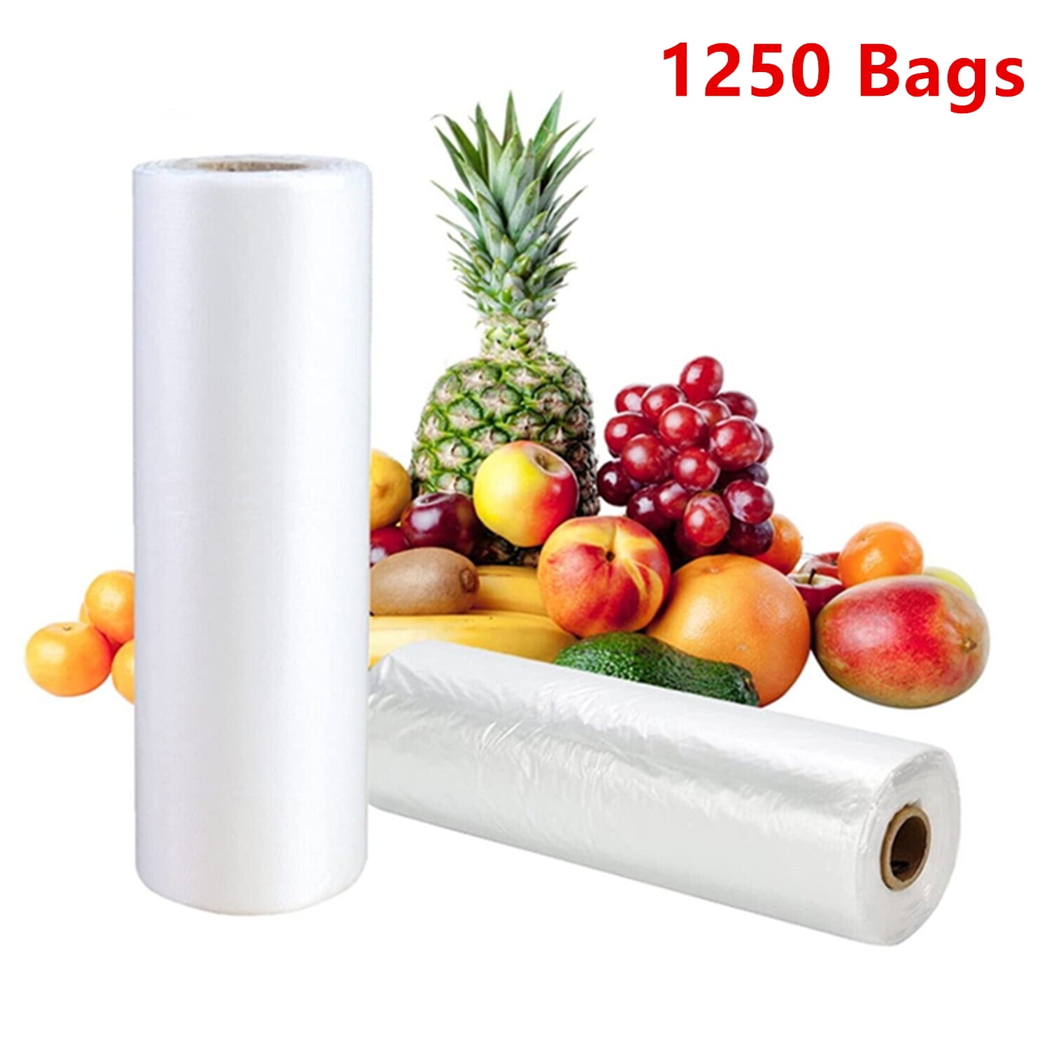 5 Rolls of 12" x 20" Plastic Produce On Roll Clear Bag for Grocery, Kitchen, Food, Fruit, Vegetable Storage (250 Bags per Roll)