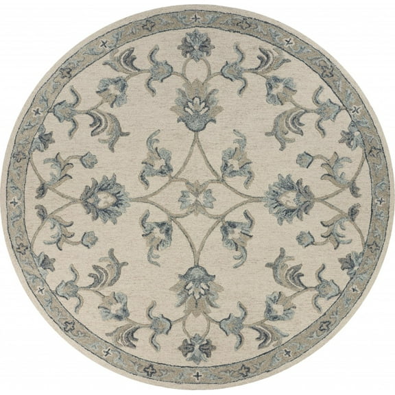 5â€™ Round Beige and Blue Filigree Area Rug