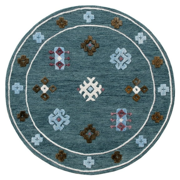 5â€™ Round Blue Bordered Motif Area Rug