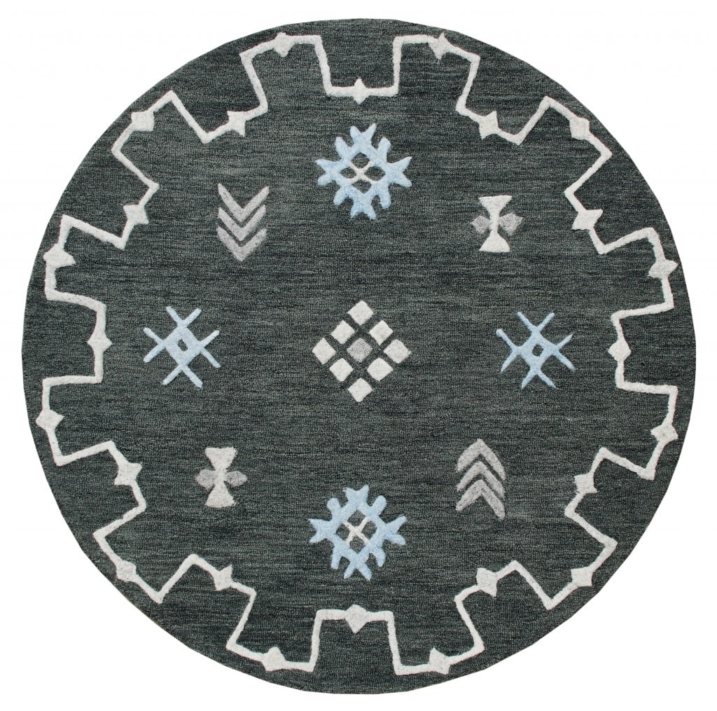 5â€™ Round Charcoal Geometric Border Area Rug - Walmart.com