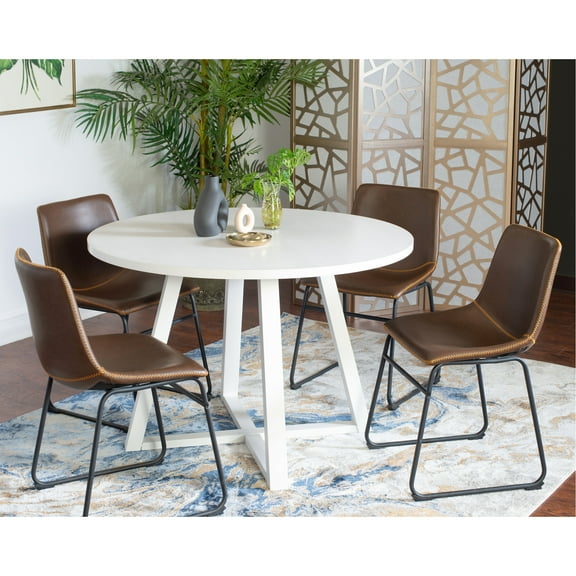 5 Round Dining Grouping, Trestle Table And 4 Elegant Seats, Tabletop, Metal Chair Base Aggregation, With Classy Surface,