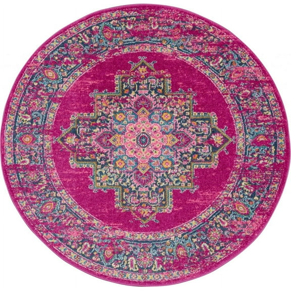 5â€™ Round Fuchsia and Blue Distressed Area Rug