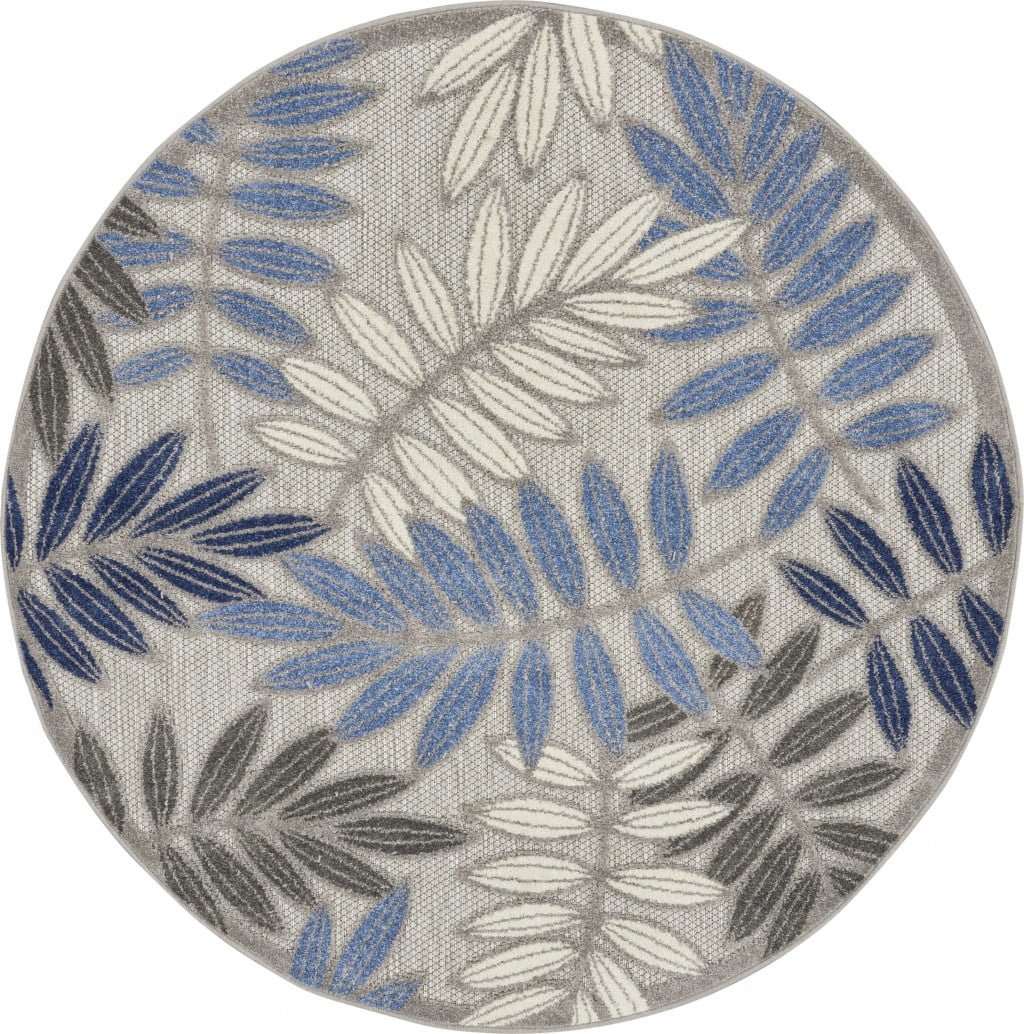 5â€™ Round Gray and Blue Leaves Indoor Outdoor Area Rug