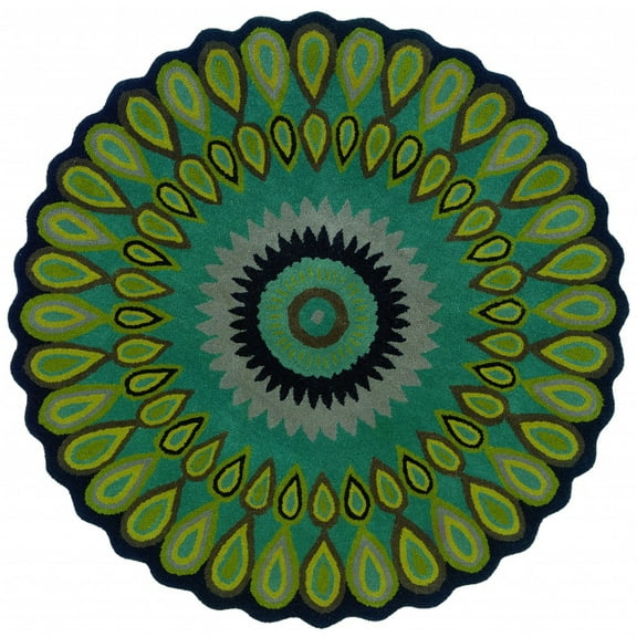 5â€™ Round Green Peacock Feather Area Rug