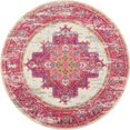 thumbnail image 1 of 5â€™ Round Ivory and Fuchsia Distressed Area Rug, 1 of 8