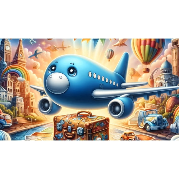 5" Round Pre-Cut Cartoon Transportation Blue Airplane, Hot Air Balloon, Treasure Chest Themed Birthday Photo Edible Image Cake,Cupcake Or Cookie Toppers (2 Per Sheet)