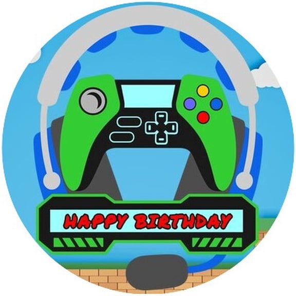 5" Round Pre-Cut Gamer Background with Headphones & Gamer Controller Happy Birthday Edible Image Cake Topper, by Tnct. (2 Count)