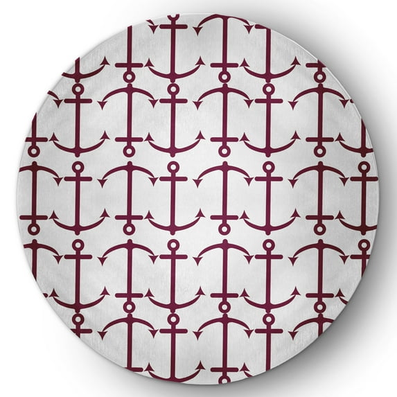 5' Round Simply Daisy Anchor Pattern Beach Style Chenille Area Rug, Maroon Red