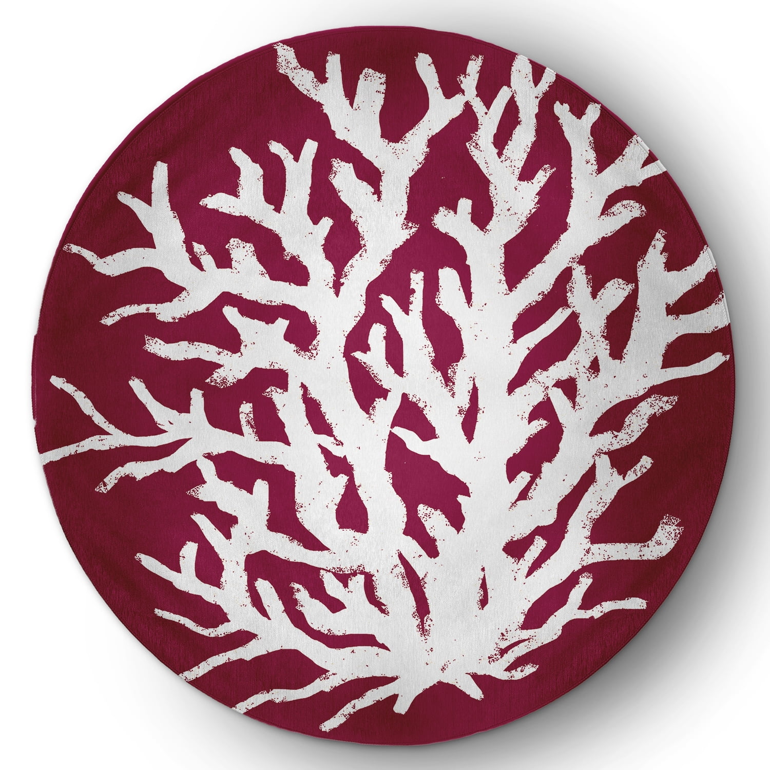5' Round Simply Daisy Big Seaweed Beach Style Chenille Area Rug, Maroon Red