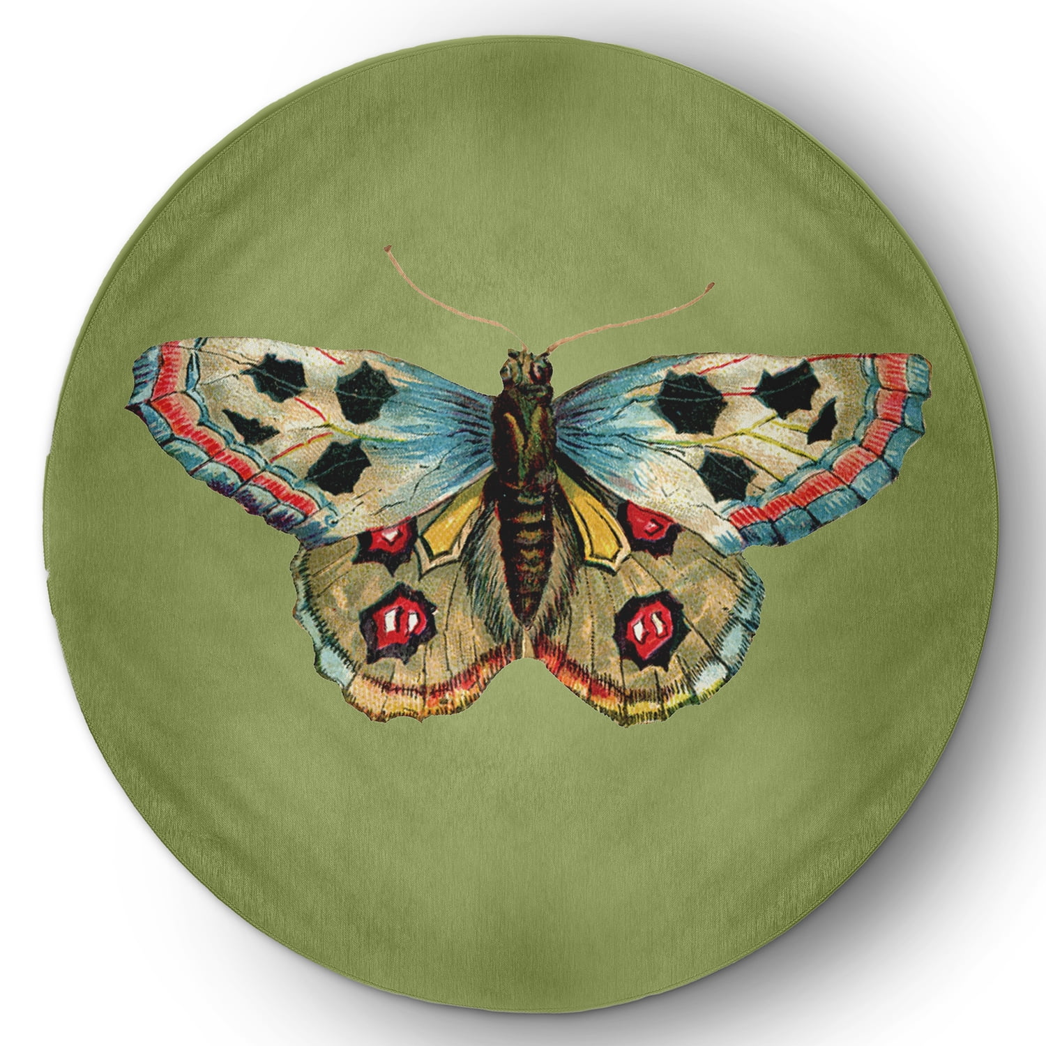 5' Round Simply Daisy Brushfoot Butterfly Novelty Chenille Area Rug, Apple Green