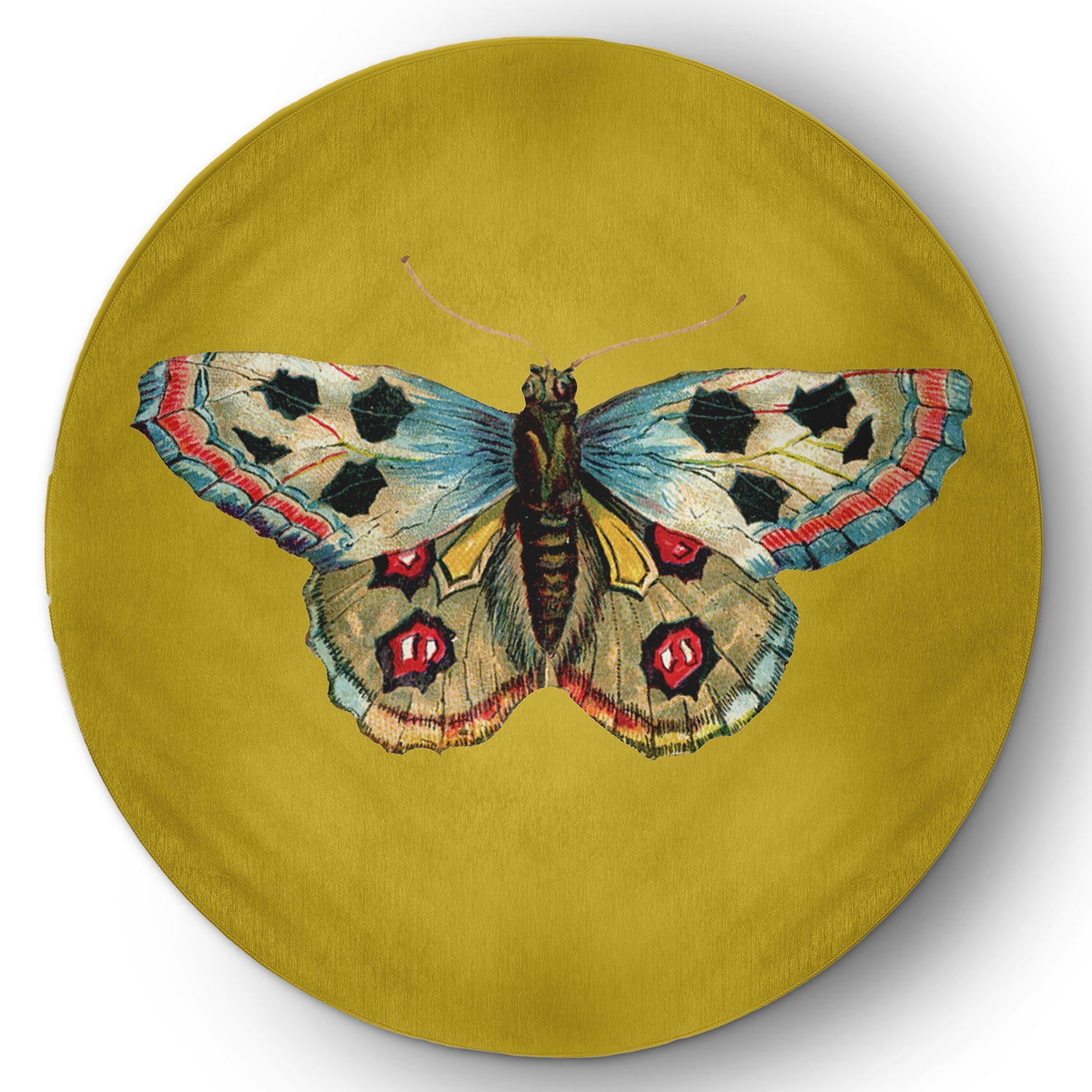 5' Round Simply Daisy Brushfoot Butterfly Novelty Chenille Area Rug, Mustard Yellow