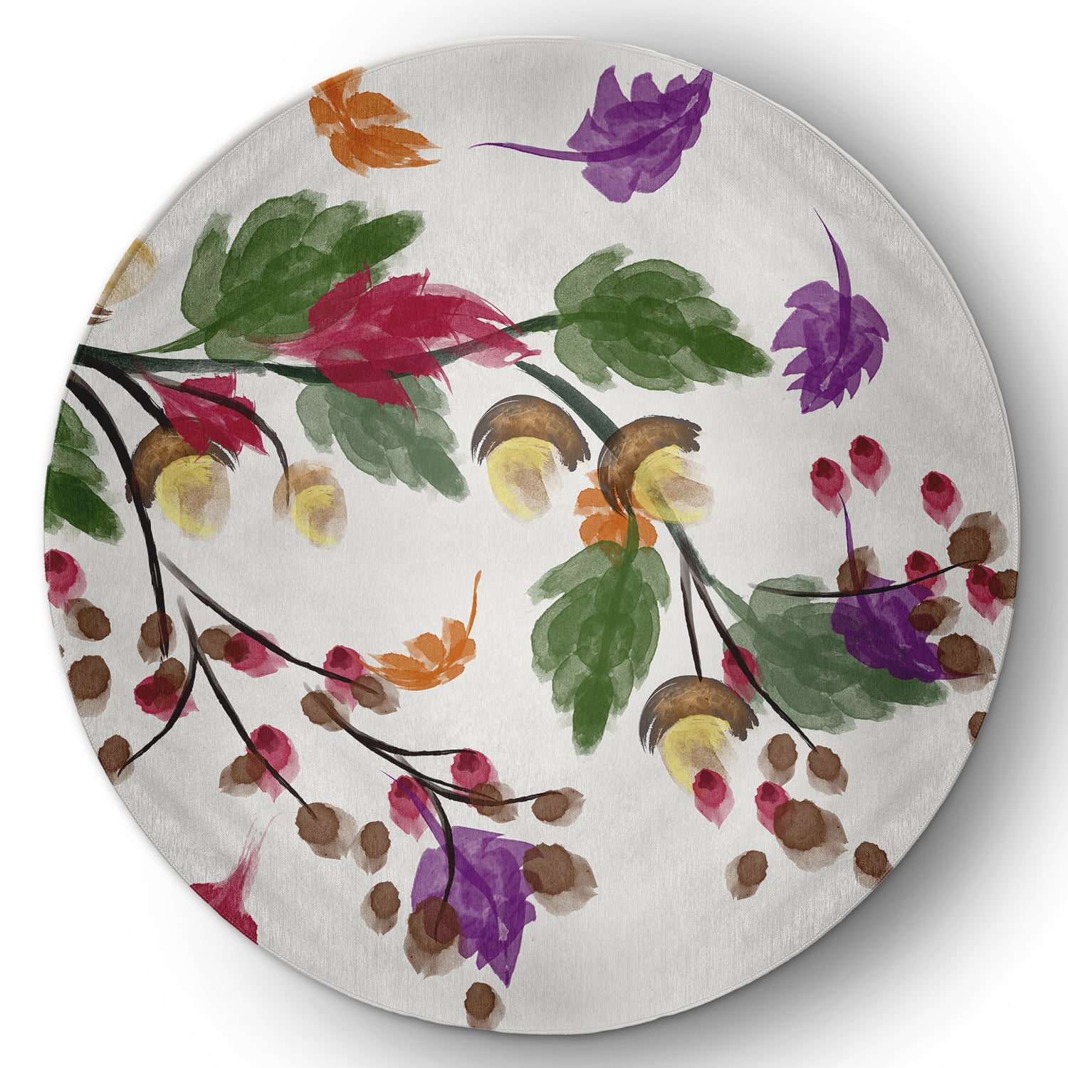 5' Round Simply Daisy Colorful Leaves Cabin & Lodge Chenille Area Rug, Purple