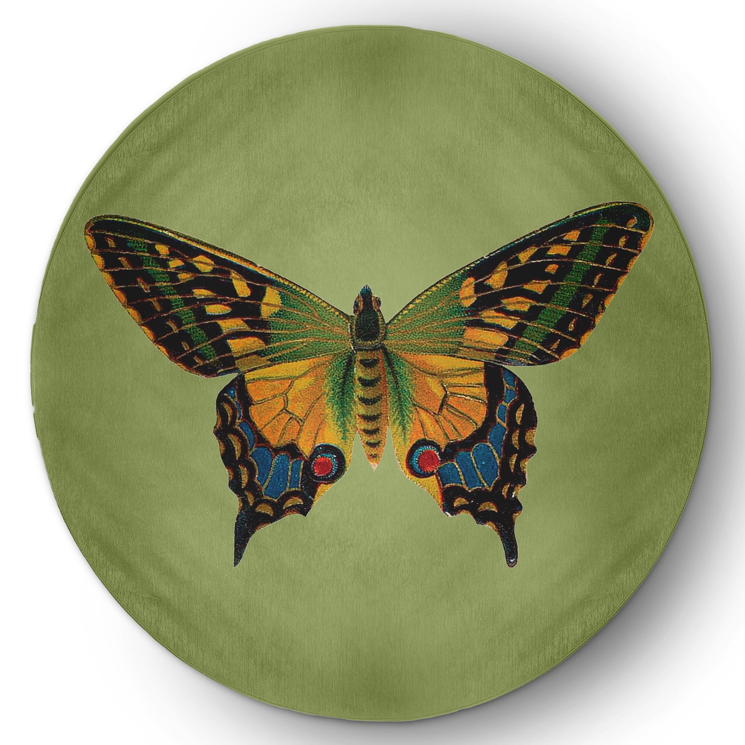 5' Round Simply Daisy Colorful Swallowtail Butterfly Novelty Chenille Area Rug, Apple Green