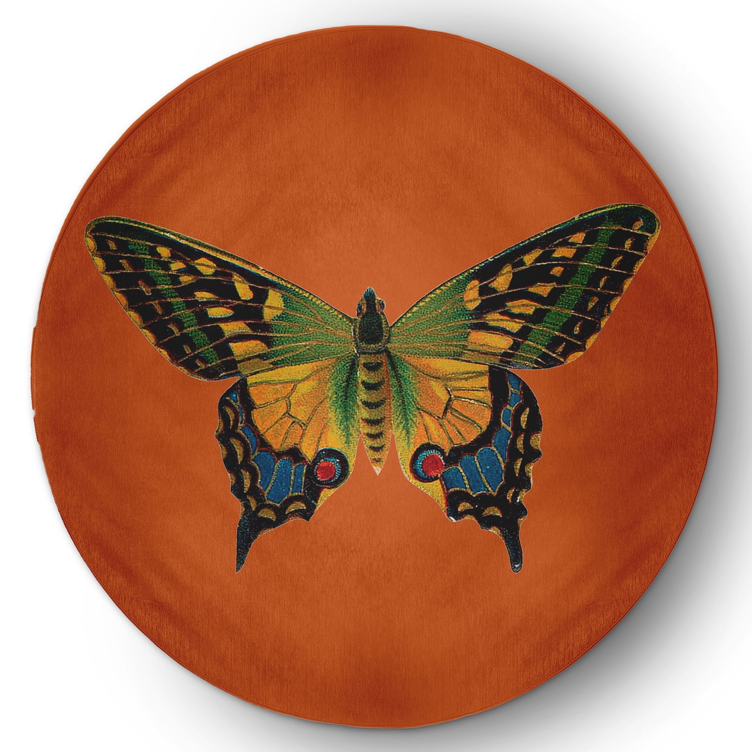 5' Round Simply Daisy Colorful Swallowtail Butterfly Novelty Chenille Area Rug, Perfect Orange