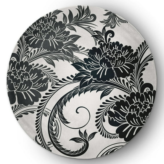 5' Round Simply Daisy Flower Flourish French Country Chenille Area Rug, Black