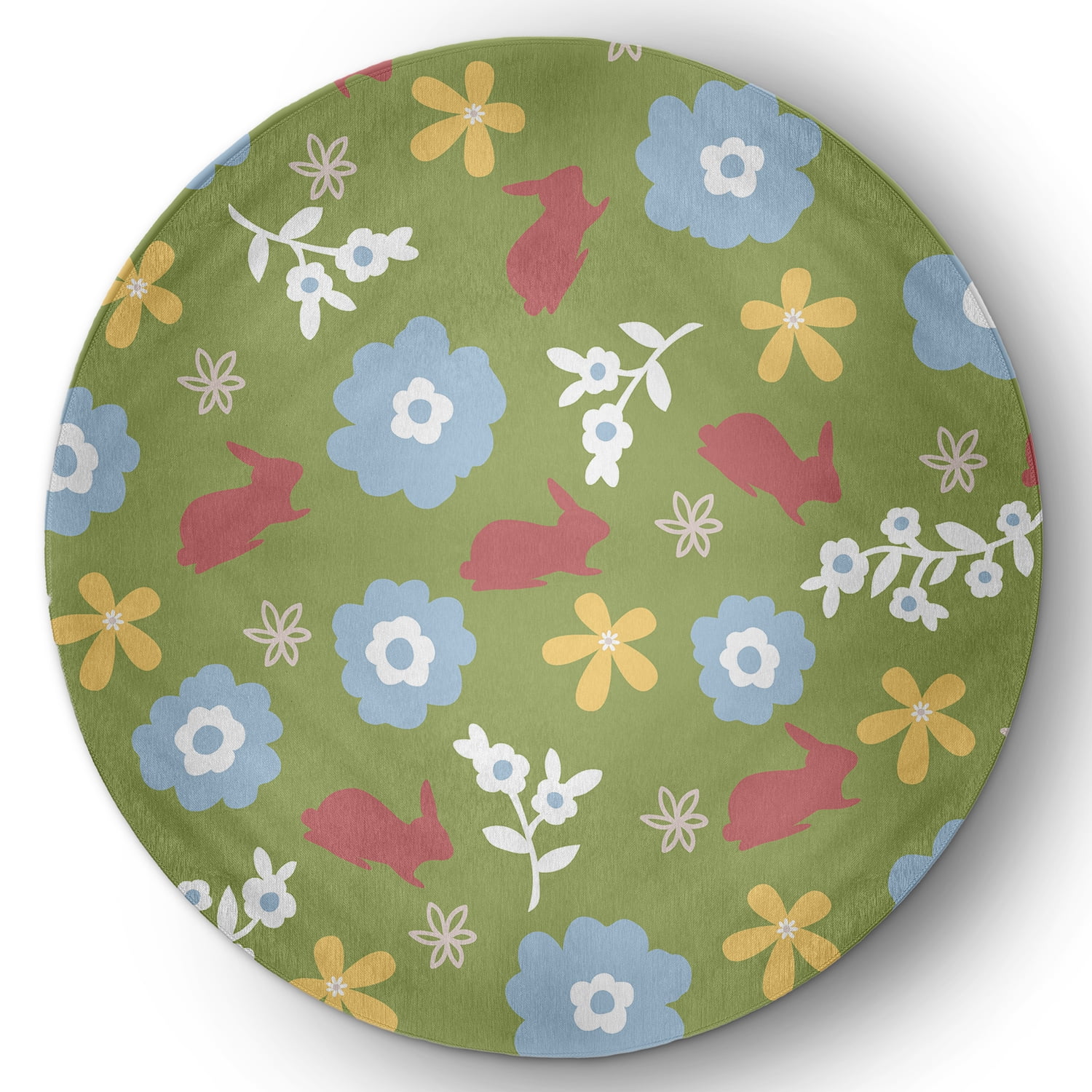 5' Round Simply Daisy Flowery Love with Bunnies Traditional Chenille Area Rug, Apple Green