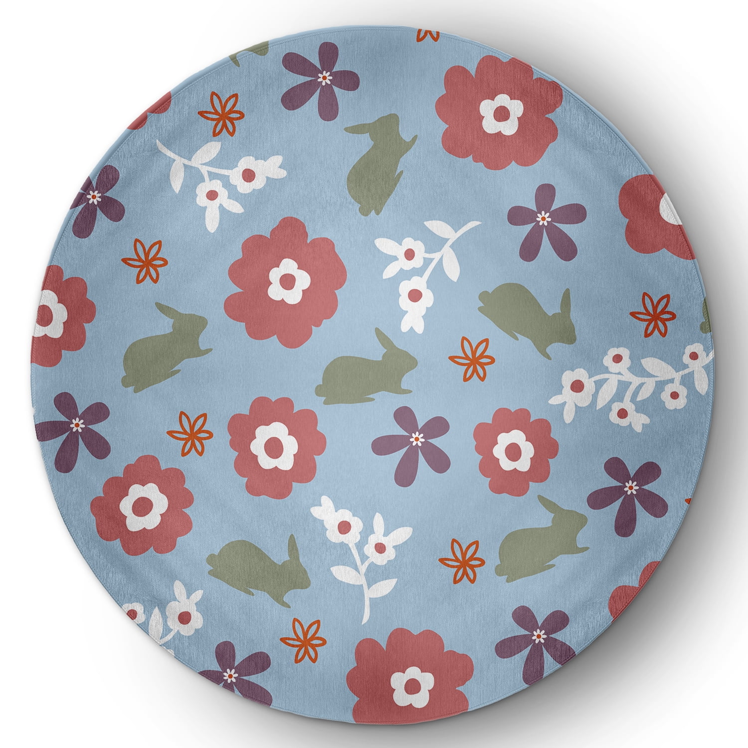 5' Round Simply Daisy Flowery Love with Bunnies Traditional Chenille Area Rug, Lighter than Air Blue