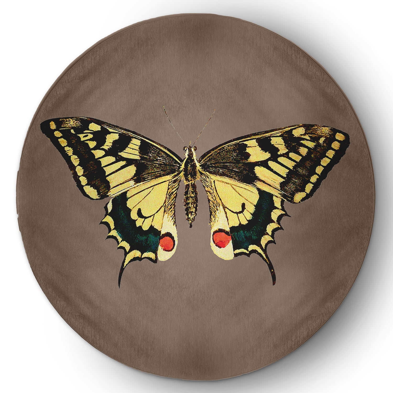 5' Round Simply Daisy Rare Swallowtail Butterfly Novelty Chenille Area Rug, Ginger Snap Brown