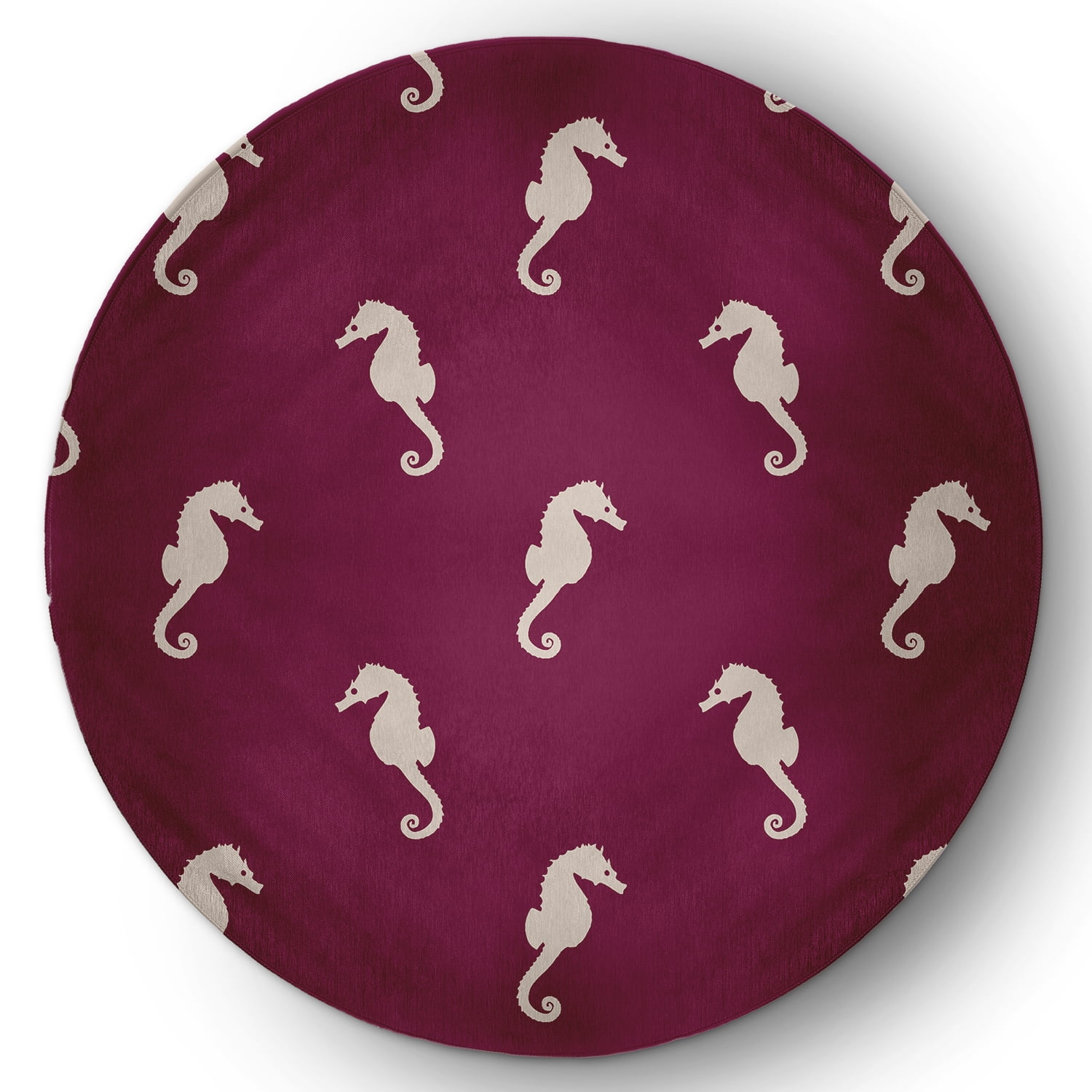 5' Round Simply Daisy Sea Horses Beach Style Chenille Area Rug, Maroon Red