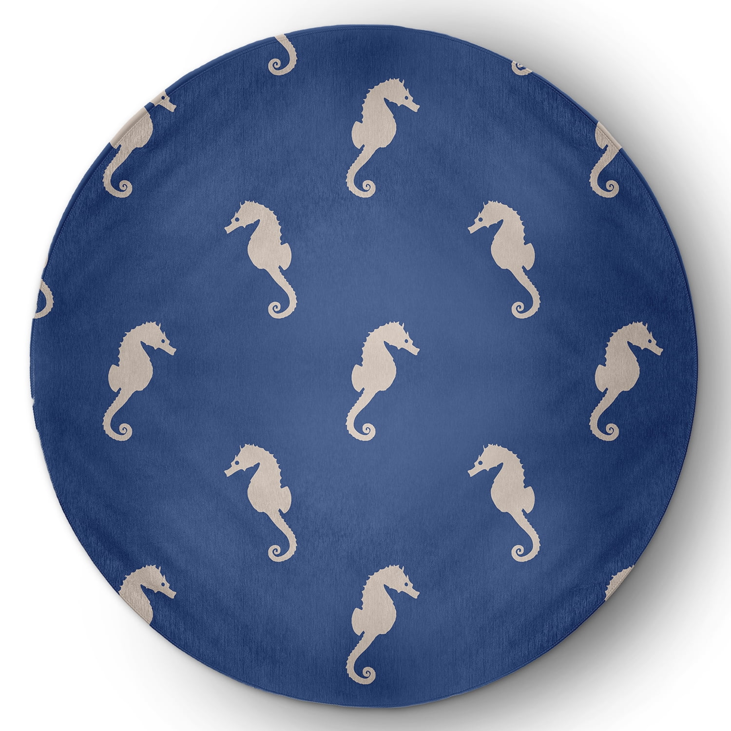 5' Round Simply Daisy Sea Horses Beach Style Chenille Area Rug, Nautical Navy