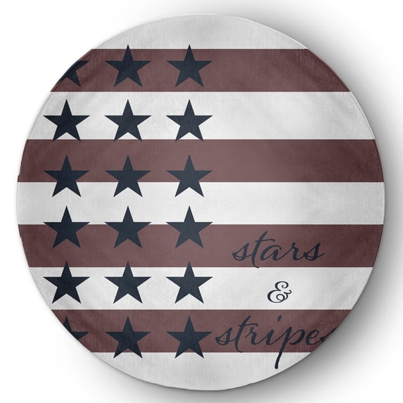 5' Round Simply Daisy Stars and Stripes with Words Americana Chenille Area Rug, Blue-Red