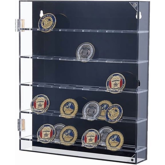 5 Row Challenge Coin Display Case 11.8x10.5x1.9 Inch Acrylic Challenge Coin Holder Coins Wall Cabinet Coins Display Stand Shadow Box with Shelf and Door for Collectors Vacation Present