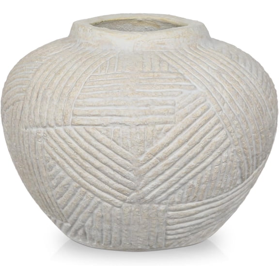 5" Rustic Ceramic Vase for Flowers with Linear Sculpture, Round Terracotta Vase in Retro Farmhouse Style, Small Pottery Vase for Home Living Room, Shelf & Table Decor, Cream White
