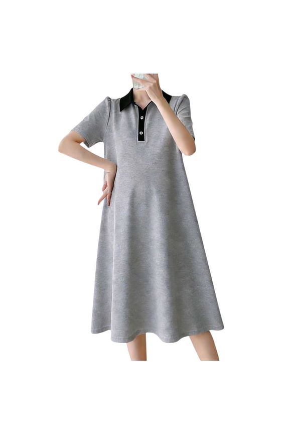Maternity Dresses for Women Summer Collared Short Sleeve Midi Dresses Casual Dress Beach Sundress Gray XL