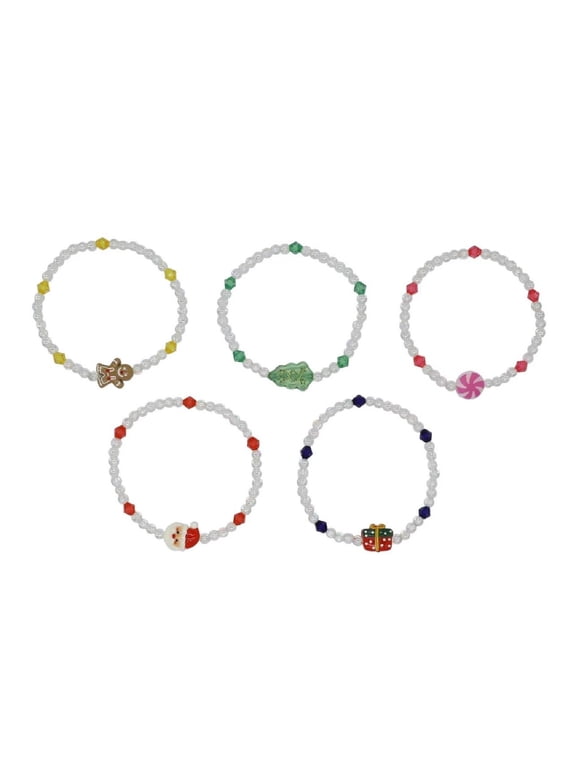 Christmas Faux Pearl Beaded Stretch Bracelets Featuring Gingerbread Man, Christmas Tree, Peppermint Candy, Santa, and Gift Charms, 5-Piece Set