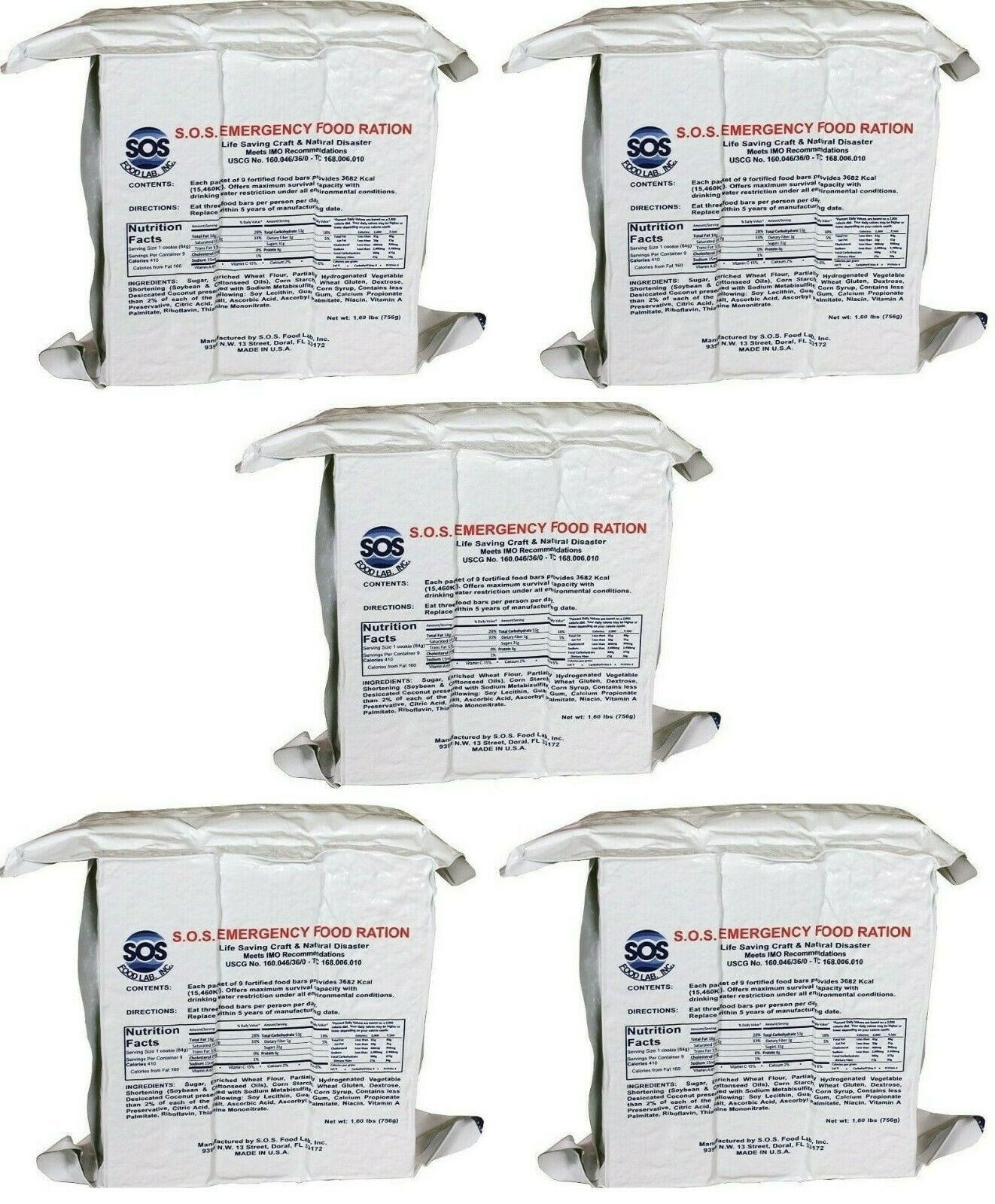 (5) SOS Rations EMERGENCY Earthquake 3600 Calorie Food Bar Survival 3 Day