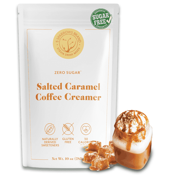 5 SPARROWS Healthy Sugar-Free Coffee Creamer Powder (Salted Caramel) - Stevia-Sweetened, Zero Sugar Creamer - Keto-Friendly Flavored Coffee Drink Mix, 10 oz