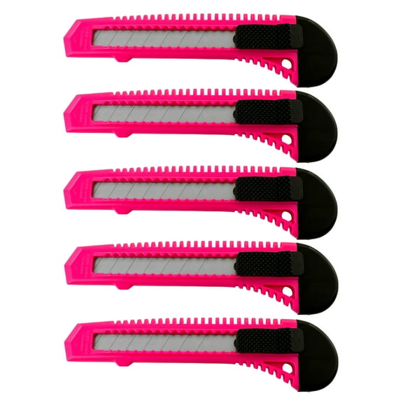 5-Pack Safety Box Cutter Utility Knife  Retractable Snap-Off Razor Blades, Neon Pink