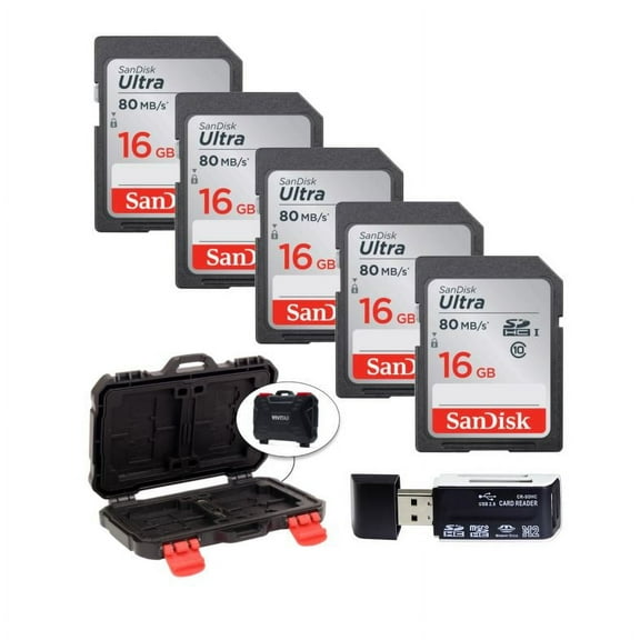 5 SanDisk 16GB Ultra UHS-I SDHC 80 MB/s Memory Cards (Class 10) +