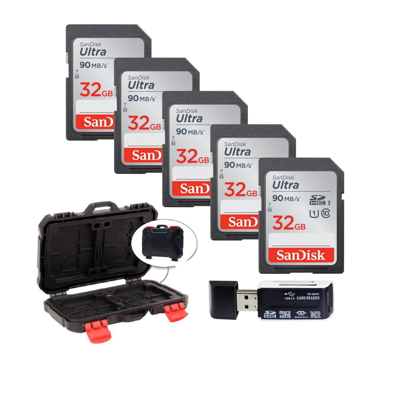 5 SanDisk 32GB Ultra SDHC UHSI Memory Cards + Case + Card Reader