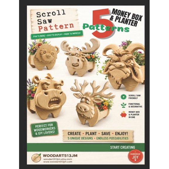 5 Scroll Saw Money Box & Planter Patterns: Animal Woodworking Designs, (Paperback)