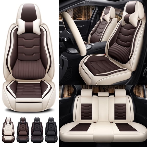5 Seat Covers for 96% Nissan Models,Leather Car Seat Cushions,Waterproof Seat Covers for Cars with Headrests,Interior Accessories(Luxury,Beige/Coffee)